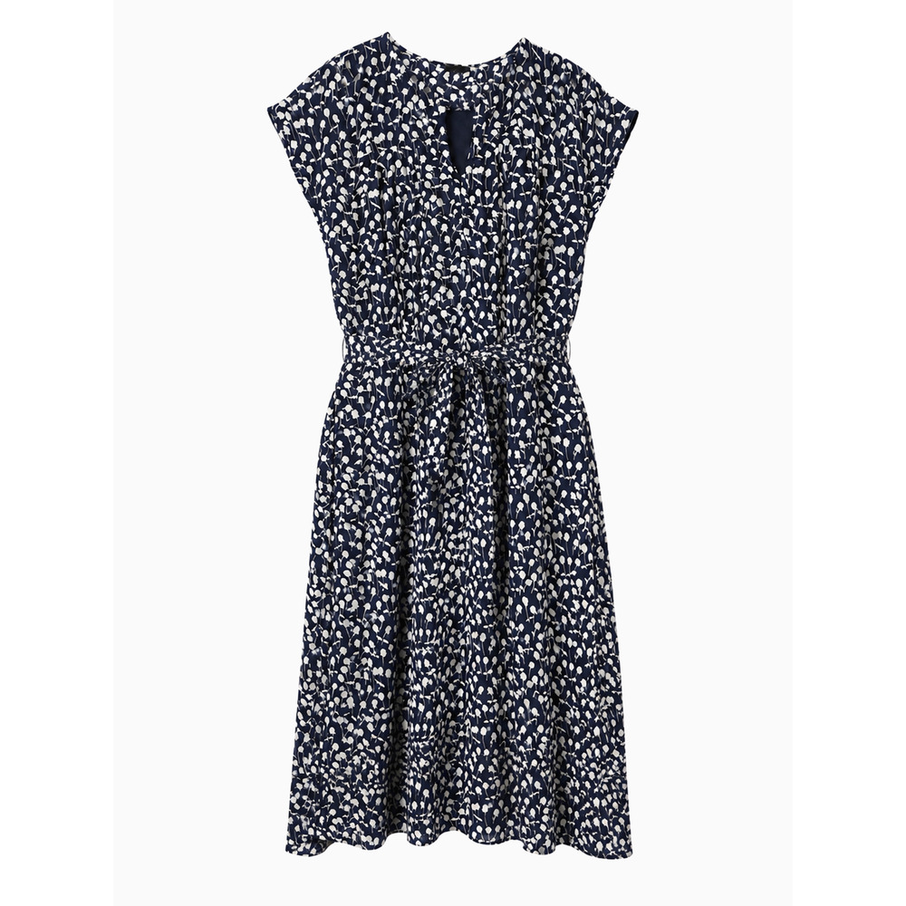 Talbots Petites 8P Navy White Floral Belted Fit Flare Flutter Hem Dress Classic - Picture 2 of 7